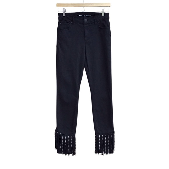 INC International Concepts Black Skinny Jeans Fringe Rhinestone Hem - Picture 3 of 6